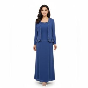 Montage by Mon Cheri Blue Beaded Jacket Dress Size 14 Mother of Bride Formal